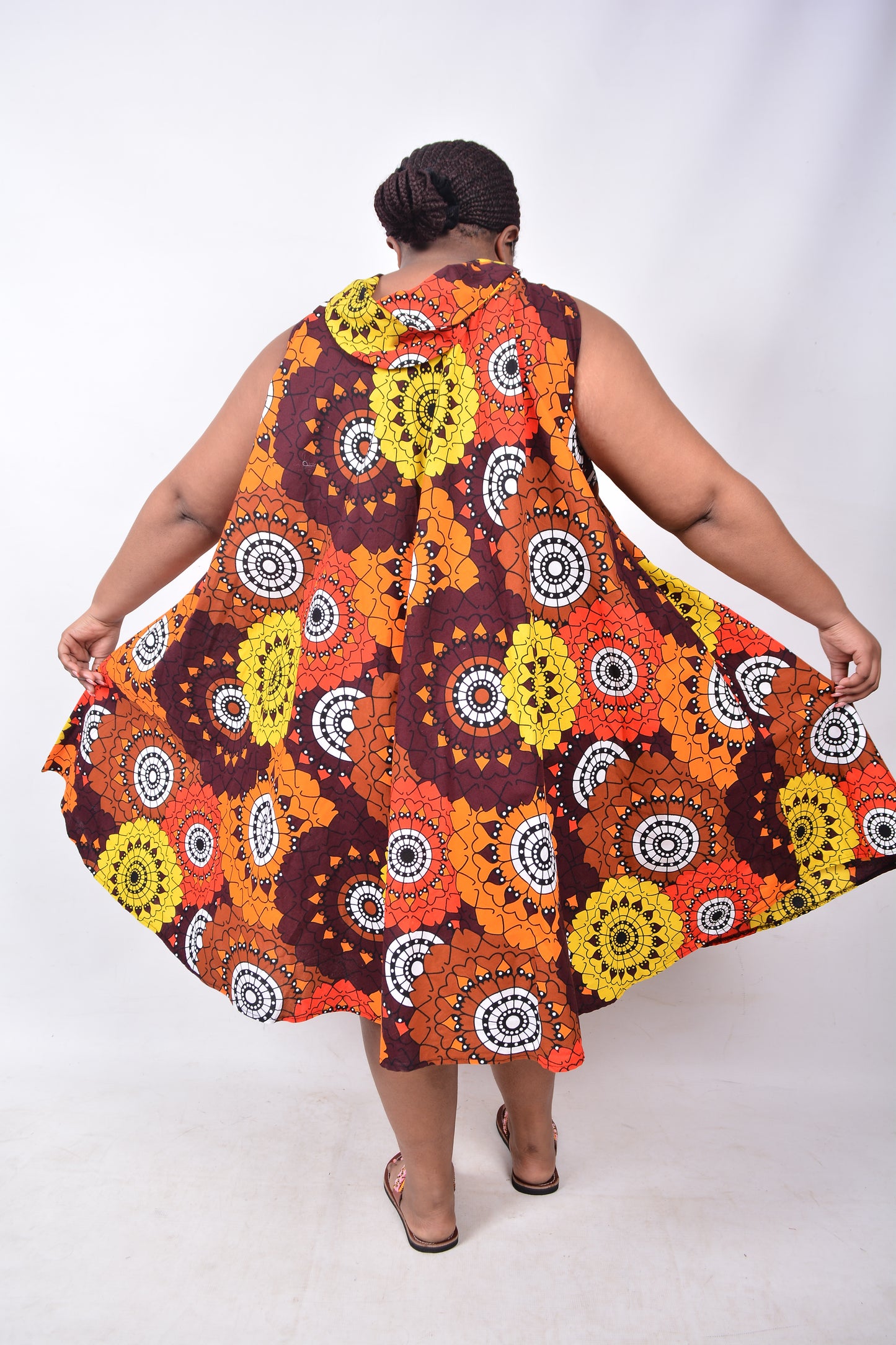 T8222 Traditional African Kente Fabric Orange, Brown, White, Yellow & Black Dress