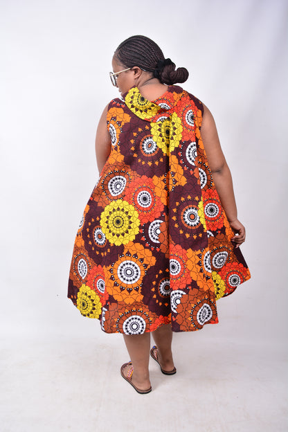 T8222 Traditional African Kente Fabric Orange, Brown, White, Yellow & Black Dress