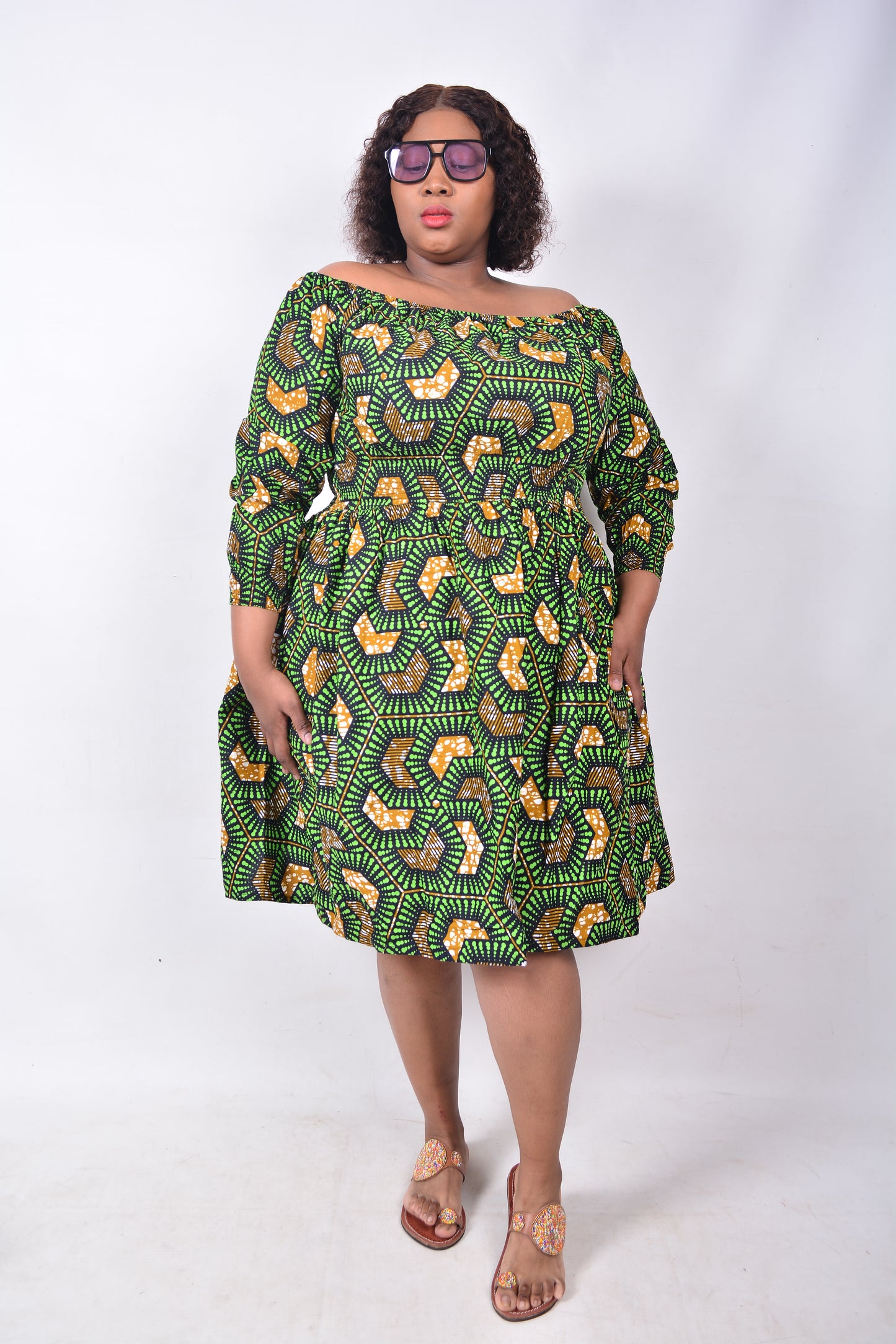 T8228 Traditional African Kente Fabric Green, Mustard, White & Black Dress