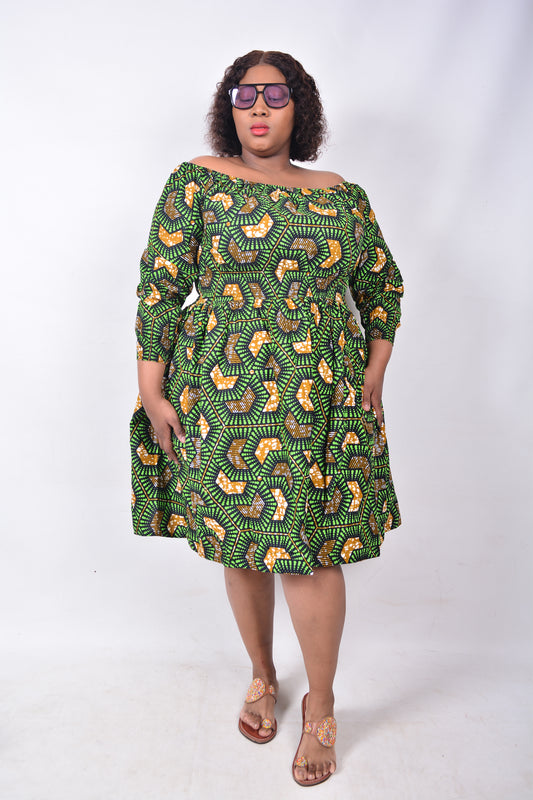 T8228 Traditional African Kente Fabric Green, Mustard, White & Black Dress