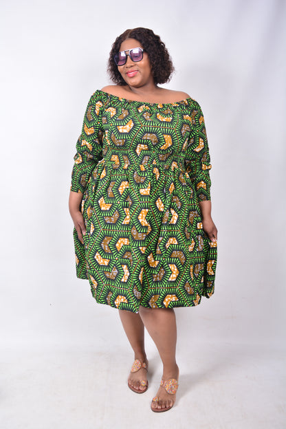 T8228 Traditional African Kente Fabric Green, Mustard, White & Black Dress
