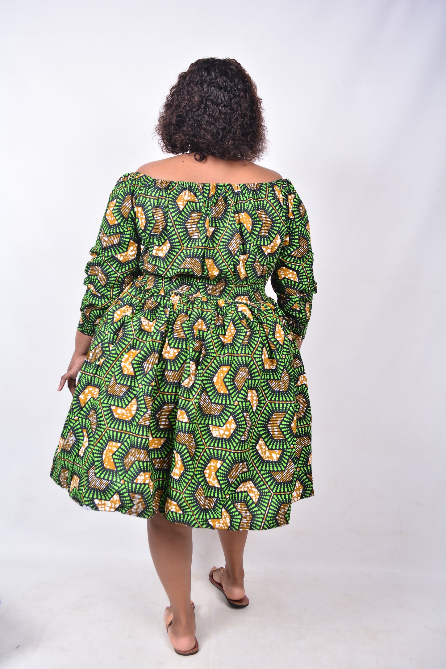 T8228 Traditional African Kente Fabric Green, Mustard, White & Black Dress