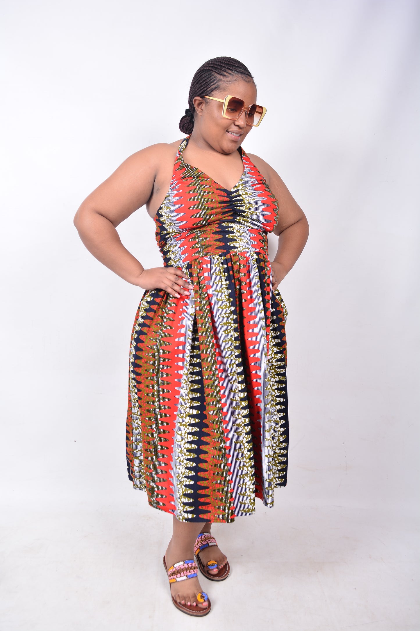 T8227 Traditional African Kente Fabric Red, Navy, White & Mustard Dress