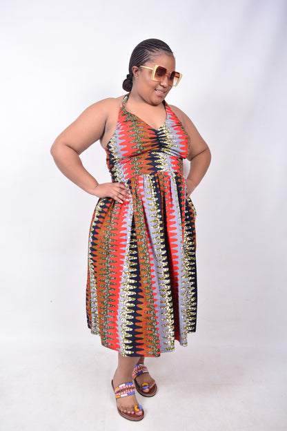 T8227 Traditional African Kente Fabric Red, Navy, White & Mustard Dress