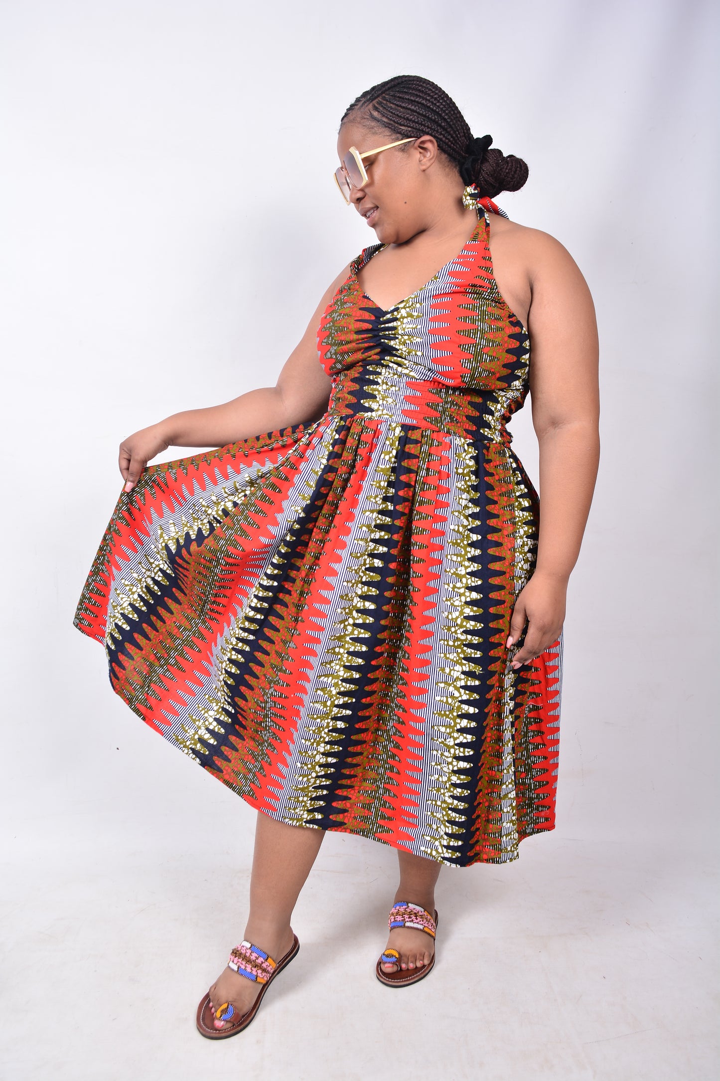 T8227 Traditional African Kente Fabric Red, Navy, White & Mustard Dress