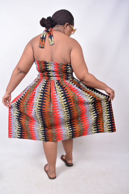 T8227 Traditional African Kente Fabric Red, Navy, White & Mustard Dress