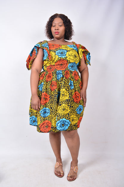 T8236 Traditional African Kente Fabric Yellow, Red, Blue, Navy & Black Dress