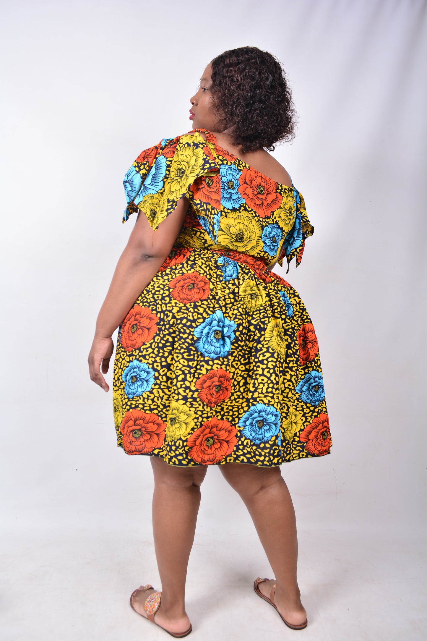 T8236 Traditional African Kente Fabric Yellow, Red, Blue, Navy & Black Dress