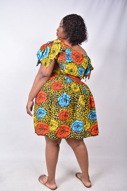T8236 Traditional African Kente Fabric Yellow, Red, Blue, Navy & Black Dress