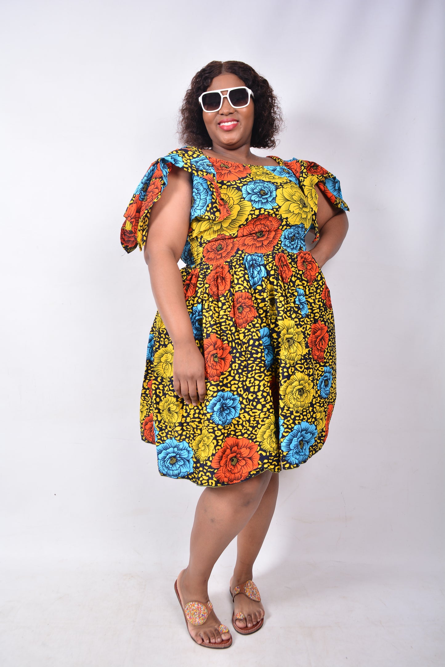 T8236 Traditional African Kente Fabric Yellow, Red, Blue, Navy & Black Dress