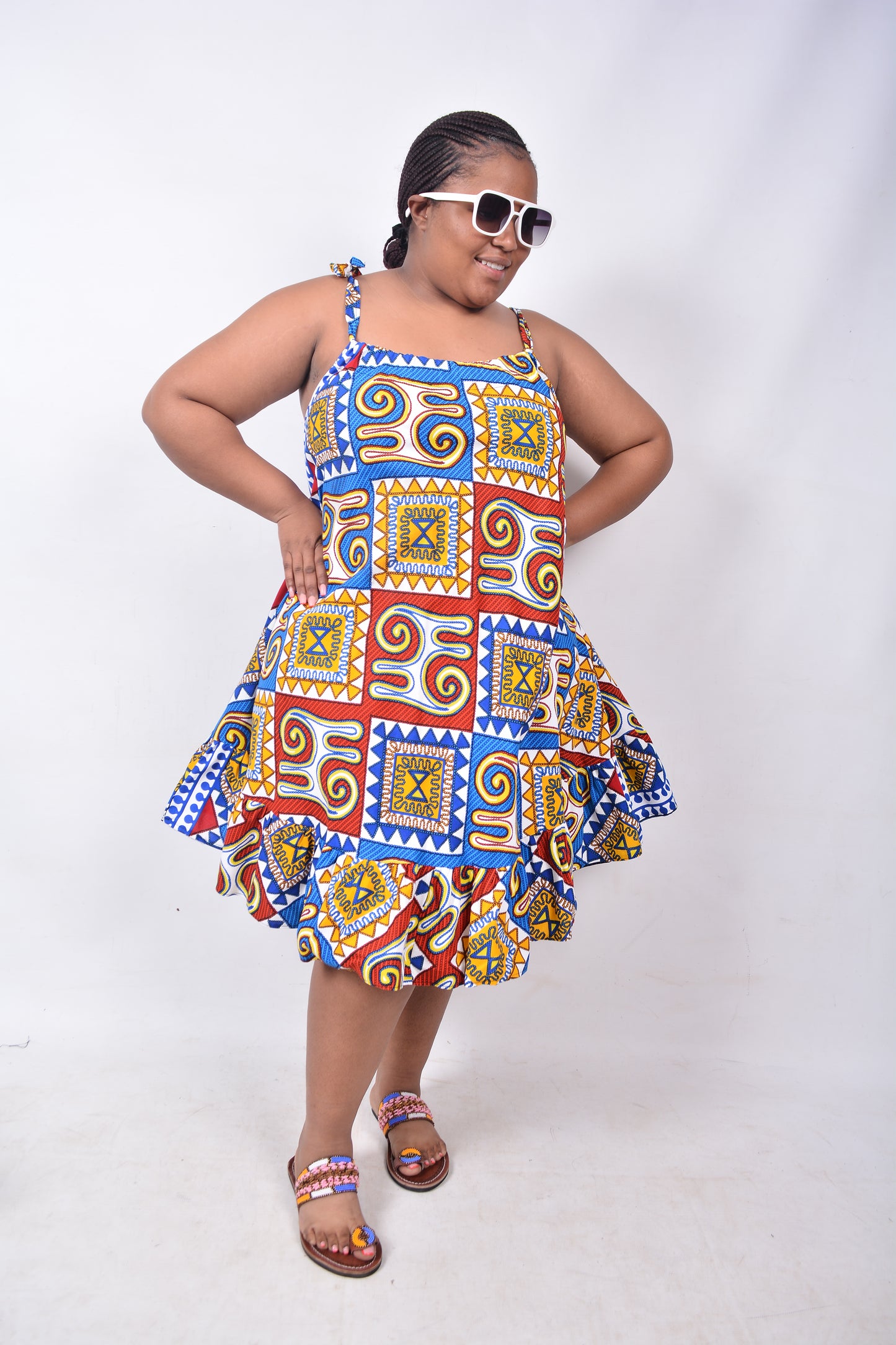 T8225 Traditional African Kente Fabric Red, Blue, Yellow, White & Black Dress
