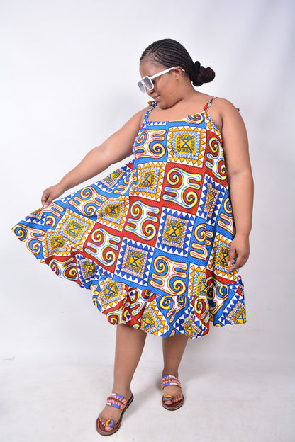 T8225 Traditional African Kente Fabric Red, Blue, Yellow, White & Black Dress