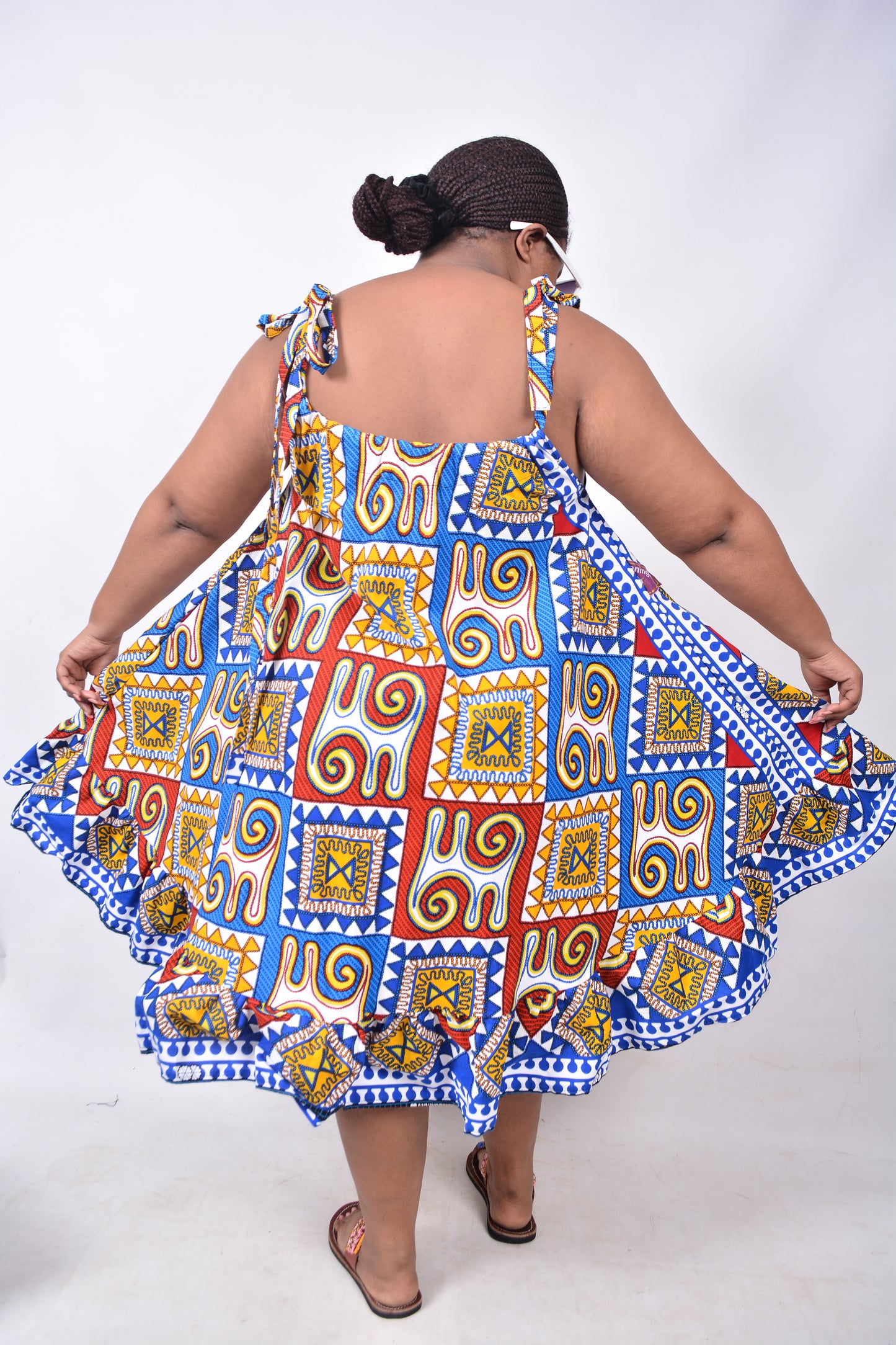 T8225 Traditional African Kente Fabric Red, Blue, Yellow, White & Black Dress