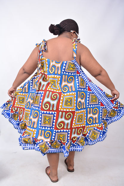 T8225 Traditional African Kente Fabric Red, Blue, Yellow, White & Black Dress
