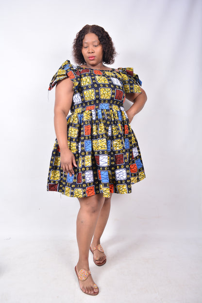 T8230 Traditional African Kente Fabric Navy, Mustard, White, Red & Brown Dress