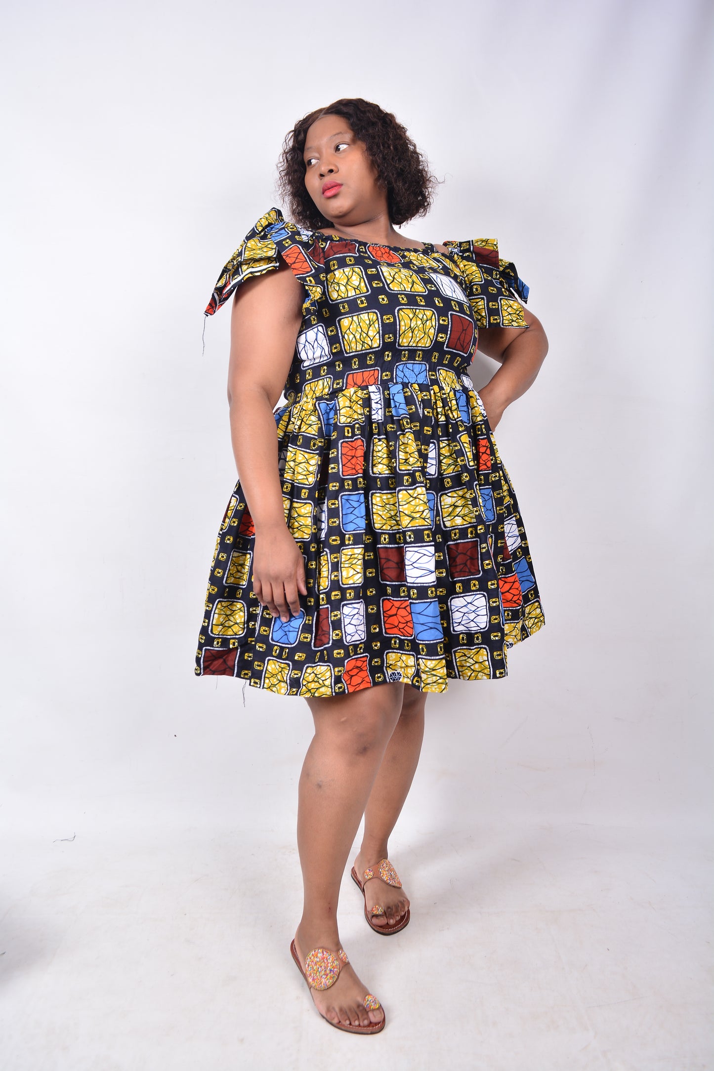 T8230 Traditional African Kente Fabric Navy, Mustard, White, Red & Brown Dress