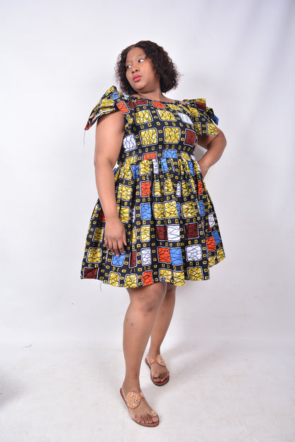 T8230 Traditional African Kente Fabric Navy, Mustard, White, Red & Brown Dress