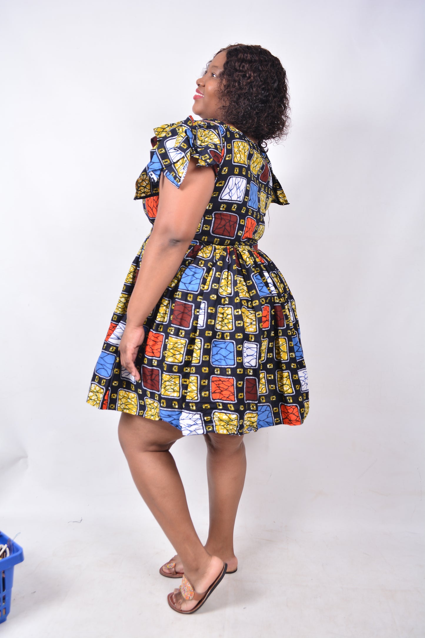 T8230 Traditional African Kente Fabric Navy, Mustard, White, Red & Brown Dress