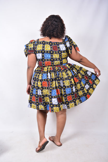 T8230 Traditional African Kente Fabric Navy, Mustard, White, Red & Brown Dress
