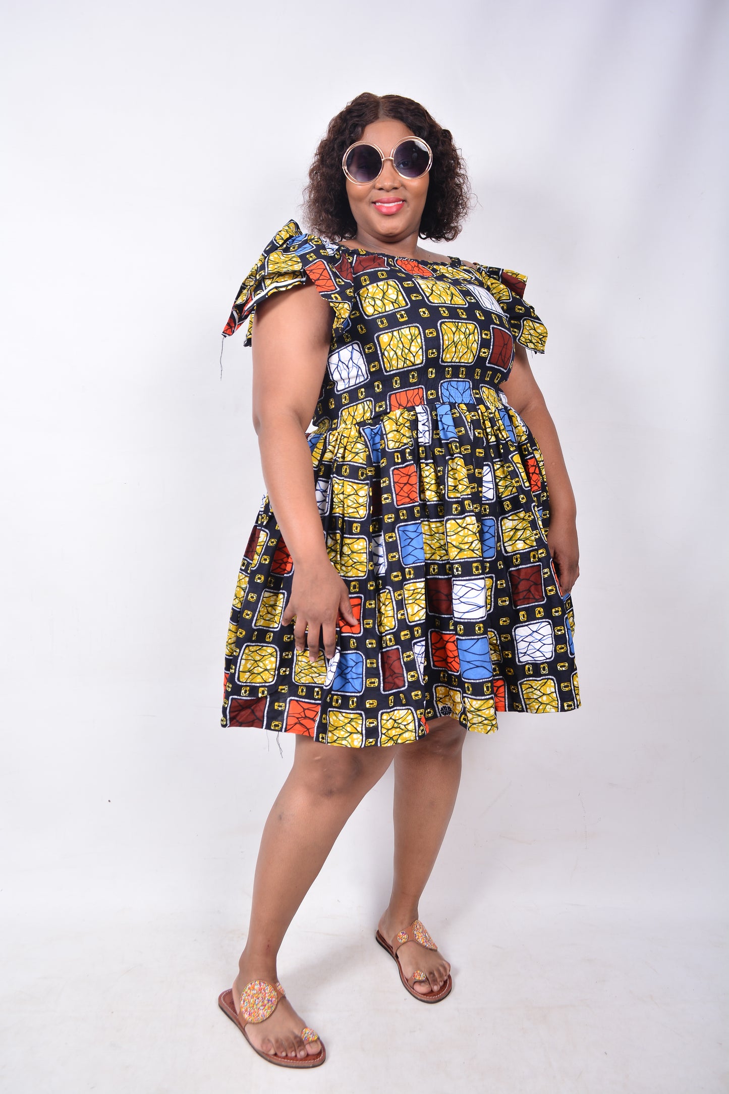 T8230 Traditional African Kente Fabric Navy, Mustard, White, Red & Brown Dress