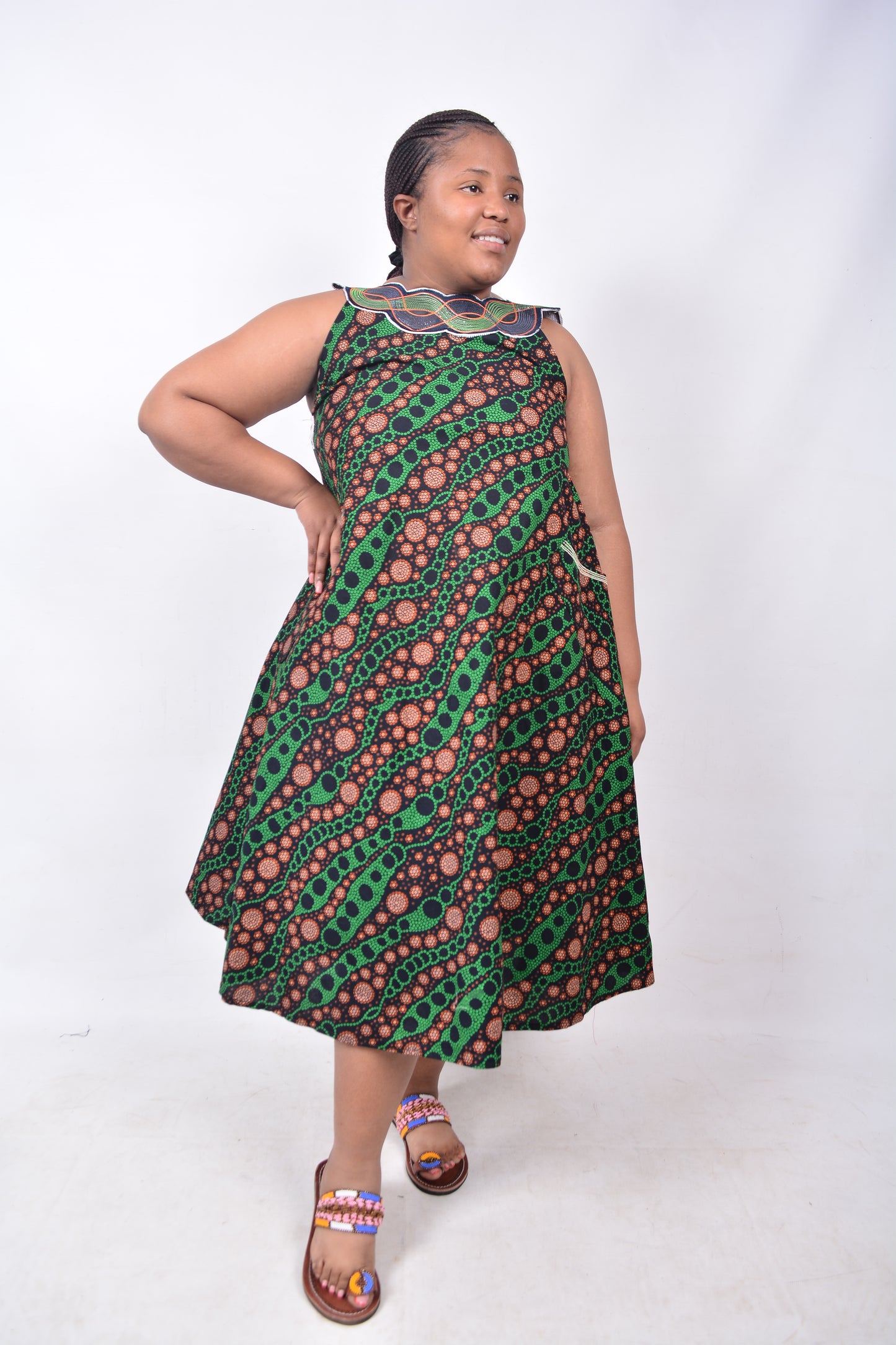 T8223 Traditional African Kente Fabric Green, Orange, White & Black Dress