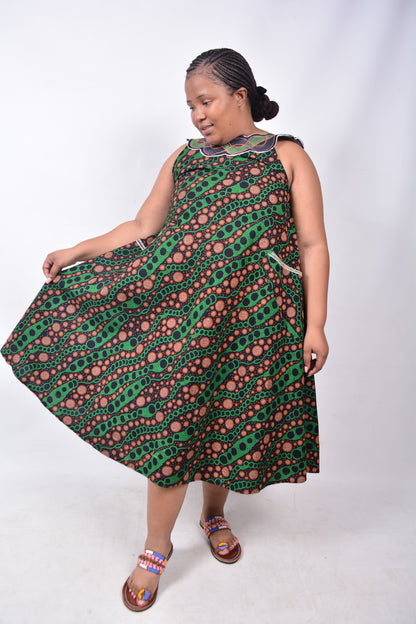 T8223 Traditional African Kente Fabric Green, Orange, White & Black Dress