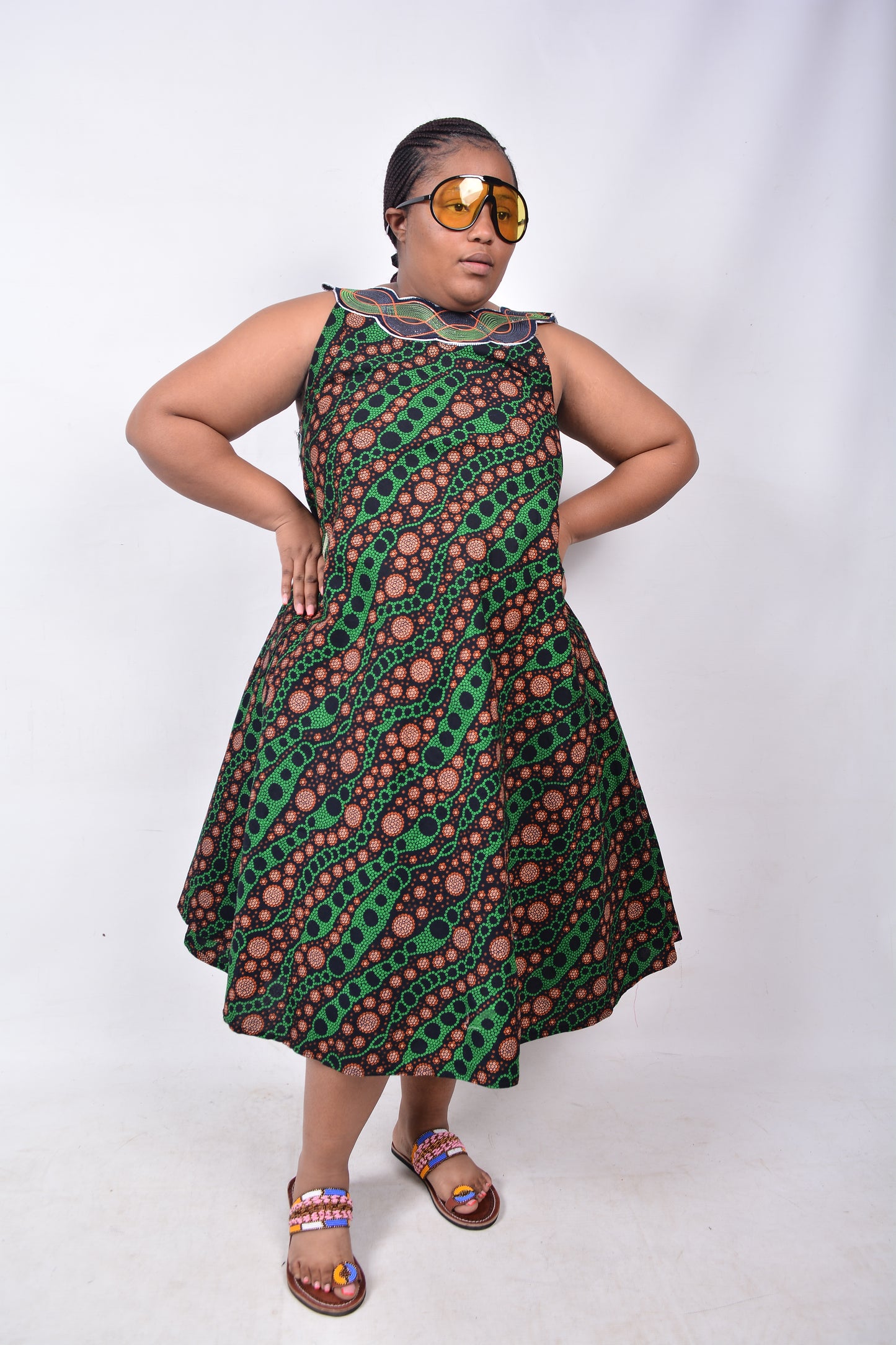 T8223 Traditional African Kente Fabric Green, Orange, White & Black Dress