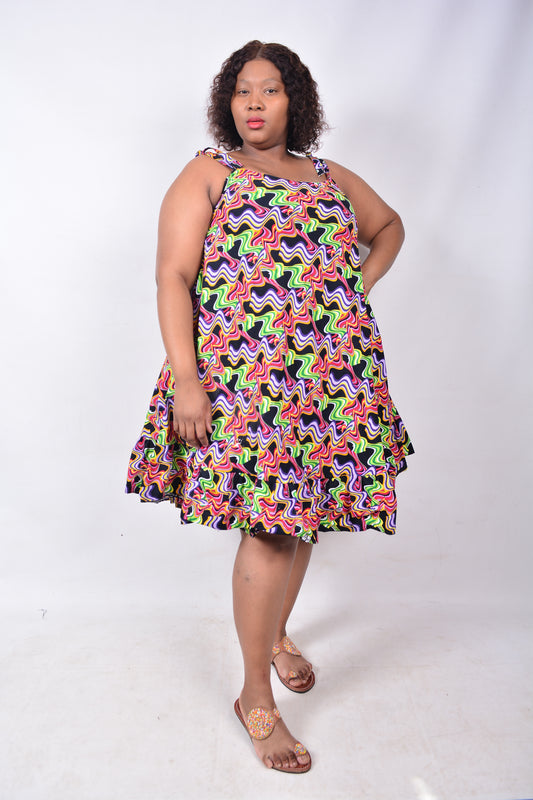 T8231 Traditional African Kente Fabric Pink, Red, Purple, Mustard & Black Dress