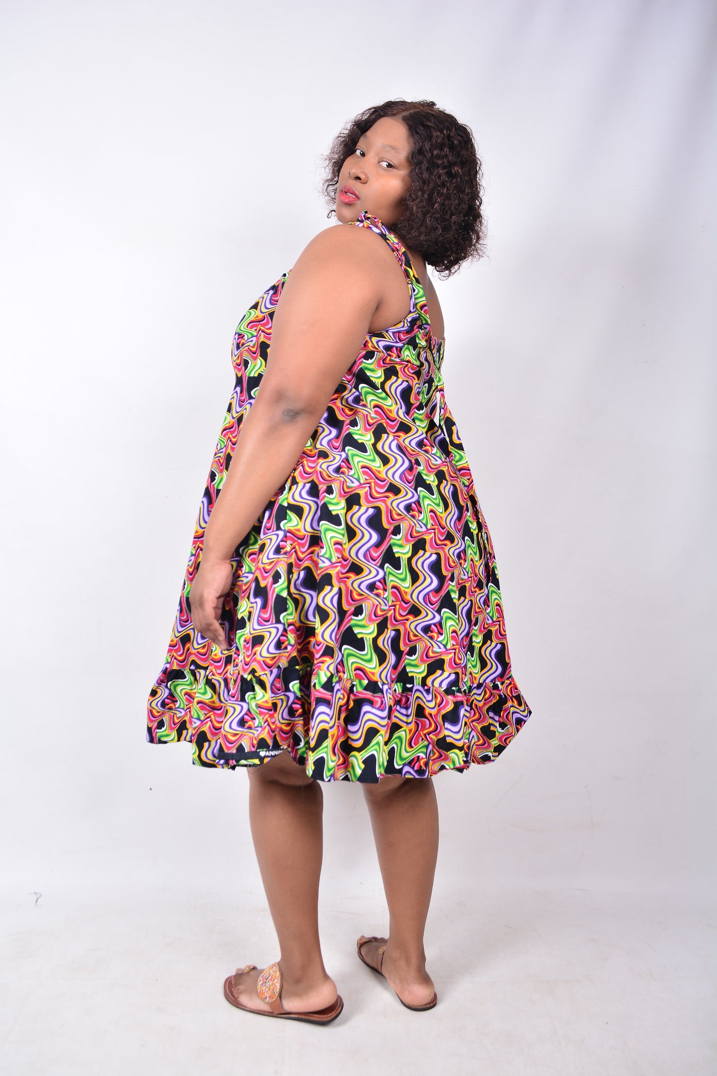 T8231 Traditional African Kente Fabric Pink, Red, Purple, Mustard & Black Dress