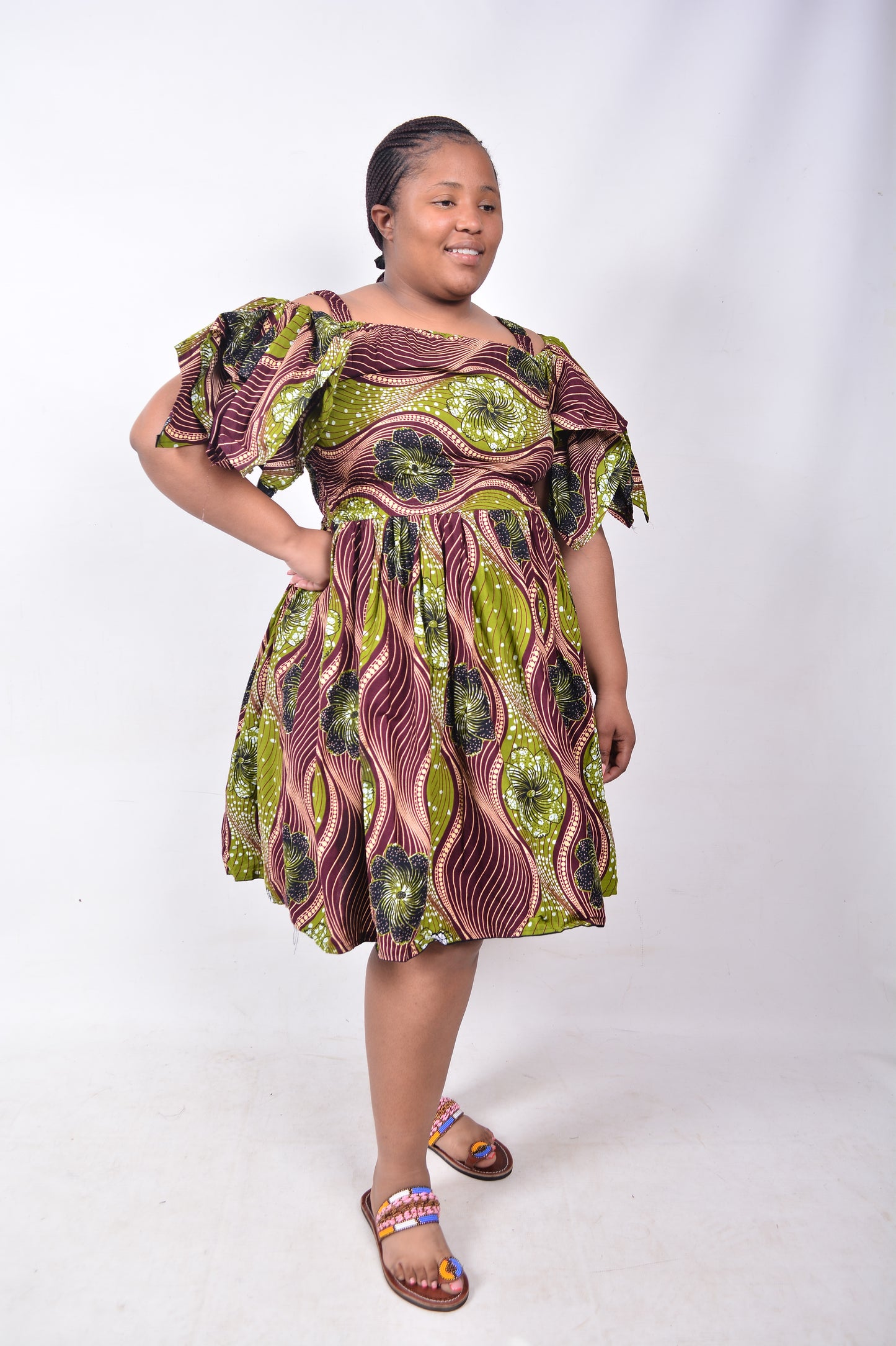 T8224 Traditional African Kente Fabric Brown, Green, White & Black Dress