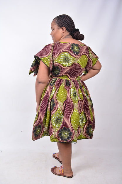 T8224 Traditional African Kente Fabric Brown, Green, White & Black Dress