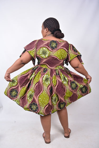 T8224 Traditional African Kente Fabric Brown, Green, White & Black Dress