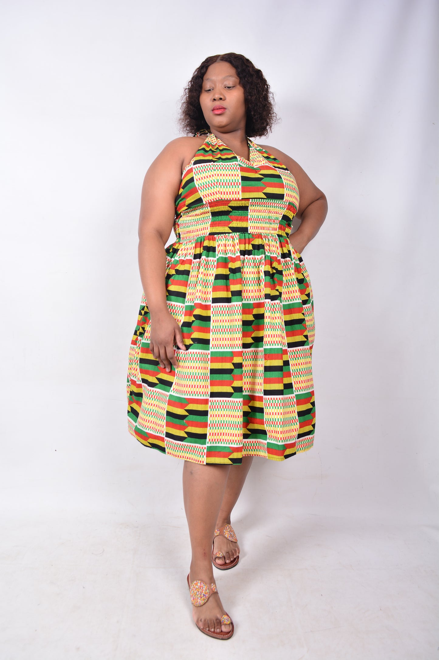 T8229 Traditional African Kente Fabric Yellow, Red, Green & Black Dress