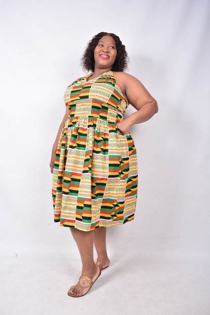 T8229 Traditional African Kente Fabric Yellow, Red, Green & Black Dress