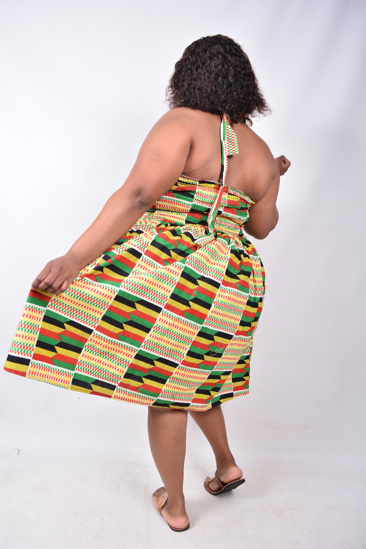 T8229 Traditional African Kente Fabric Yellow, Red, Green & Black Dress