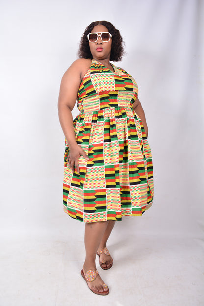 T8229 Traditional African Kente Fabric Yellow, Red, Green & Black Dress