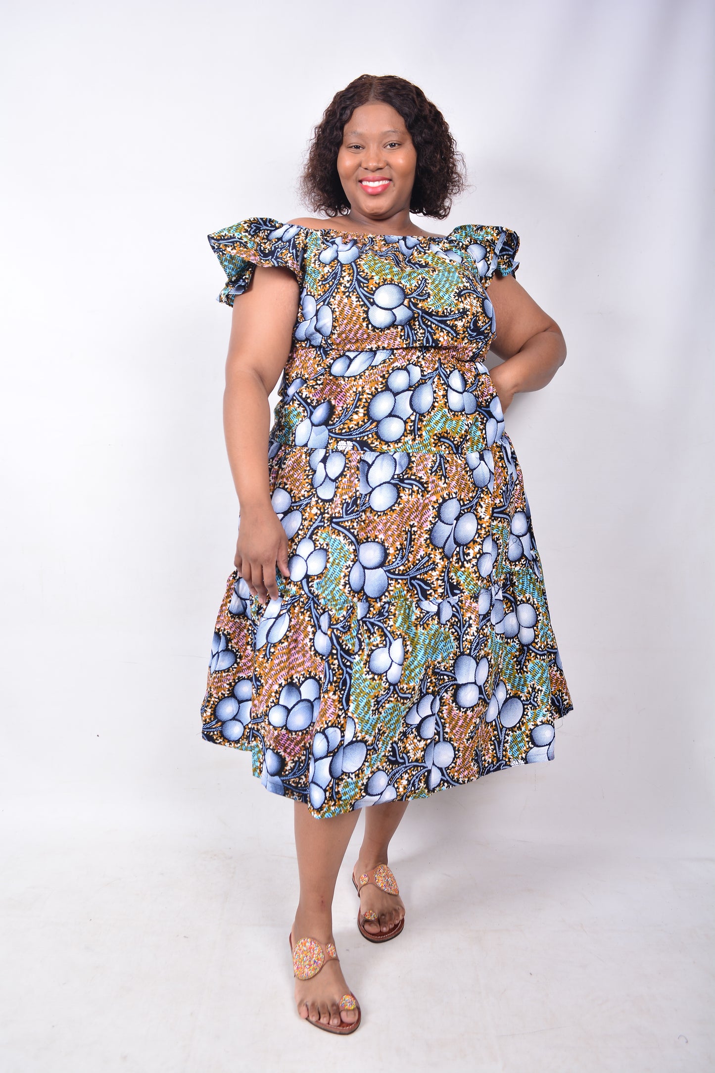 T8233 Traditional African Kente Fabric Blue, White, Green & Black Dress