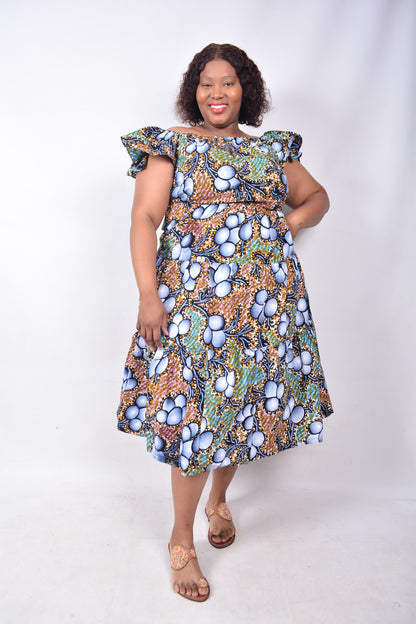 T8233 Traditional African Kente Fabric Blue, White, Green & Black Dress