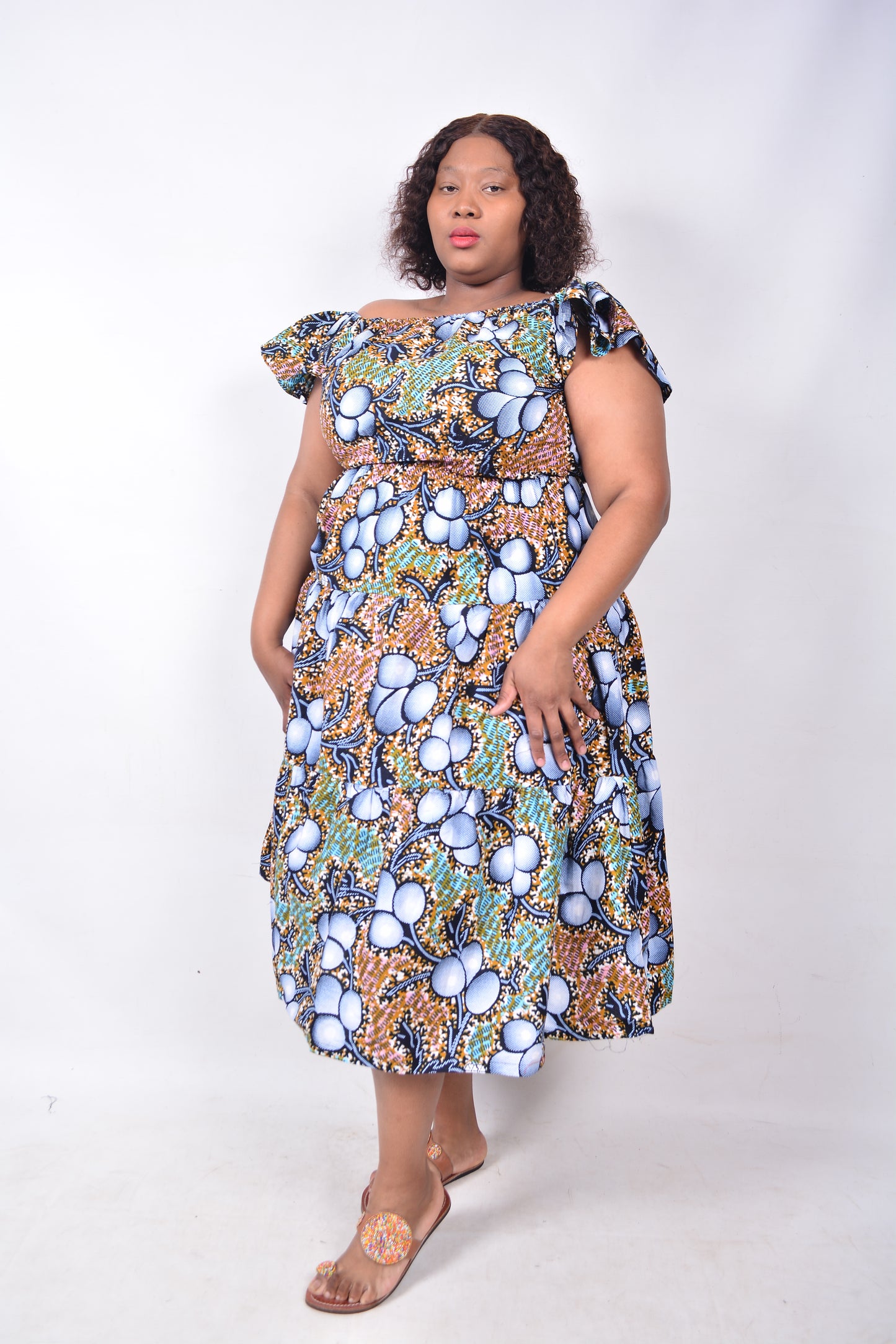 T8233 Traditional African Kente Fabric Blue, White, Green & Black Dress