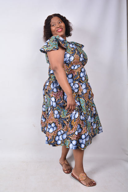 T8233 Traditional African Kente Fabric Blue, White, Green & Black Dress