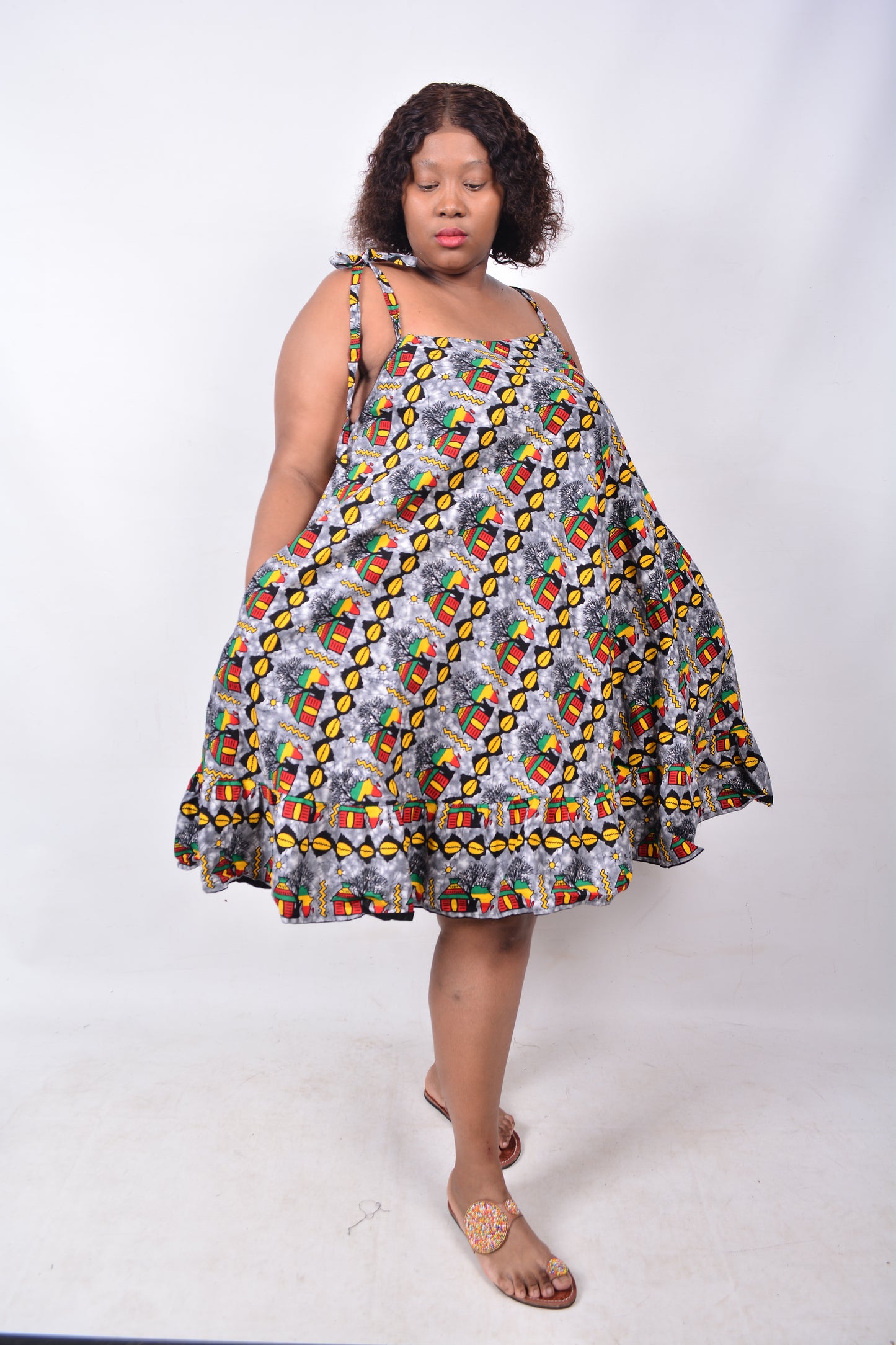 T8232 Traditional African Kente Fabric Grey, Yellow, Green, Red & Black Dress