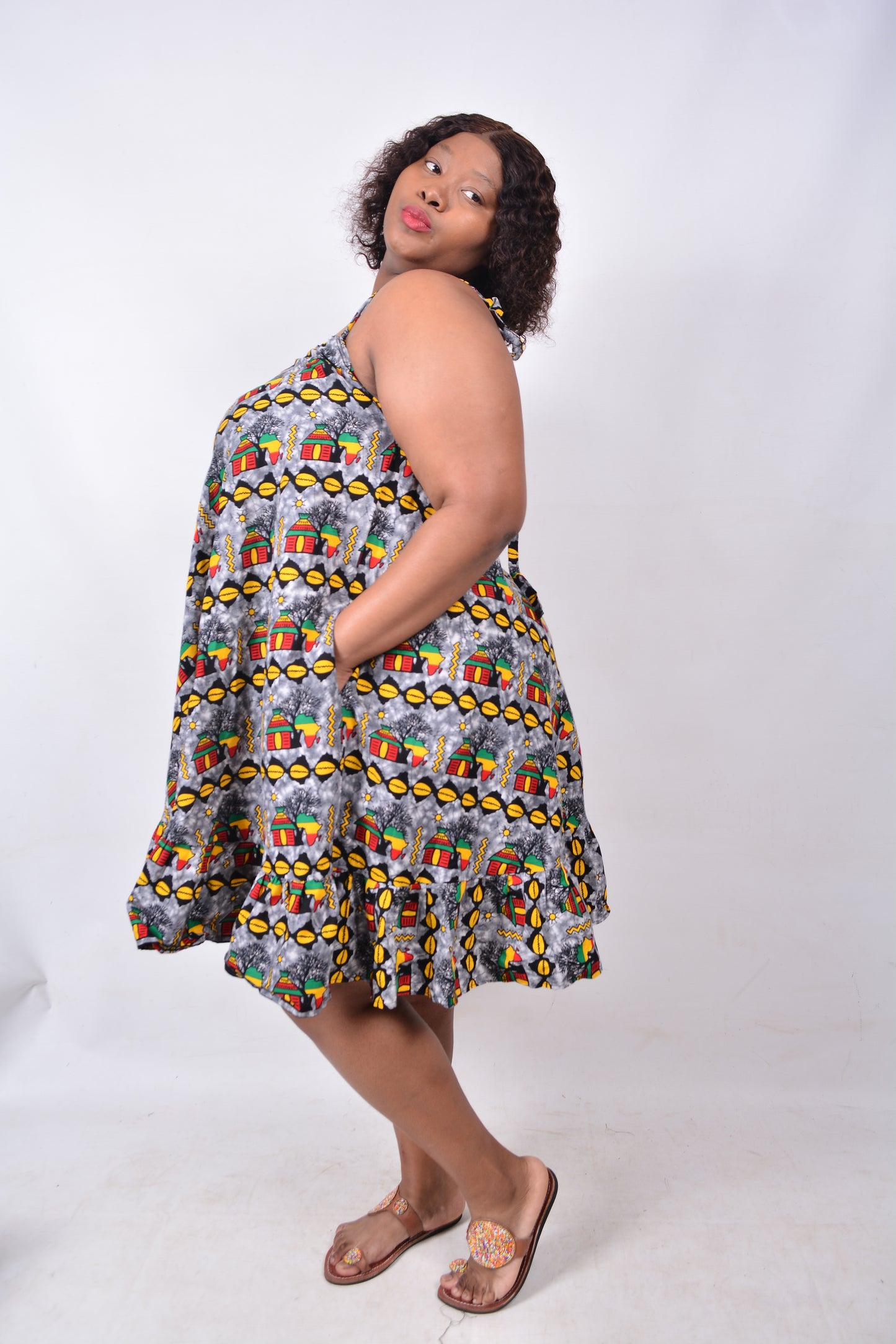 T8232 Traditional African Kente Fabric Grey, Yellow, Green, Red & Black Dress