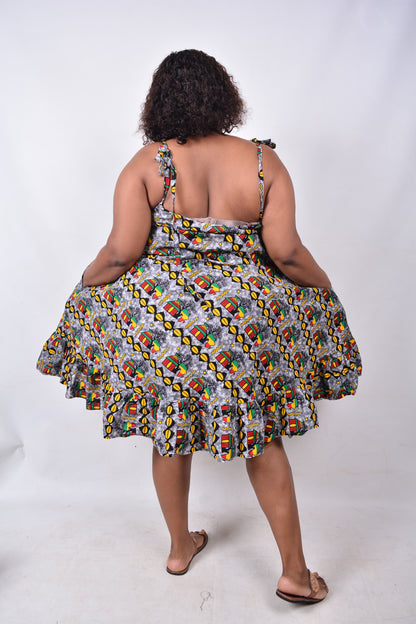 T8232 Traditional African Kente Fabric Grey, Yellow, Green, Red & Black Dress