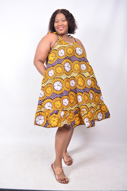 T8235 Traditional African Kente Fabric Yellow, Brown & White Dress