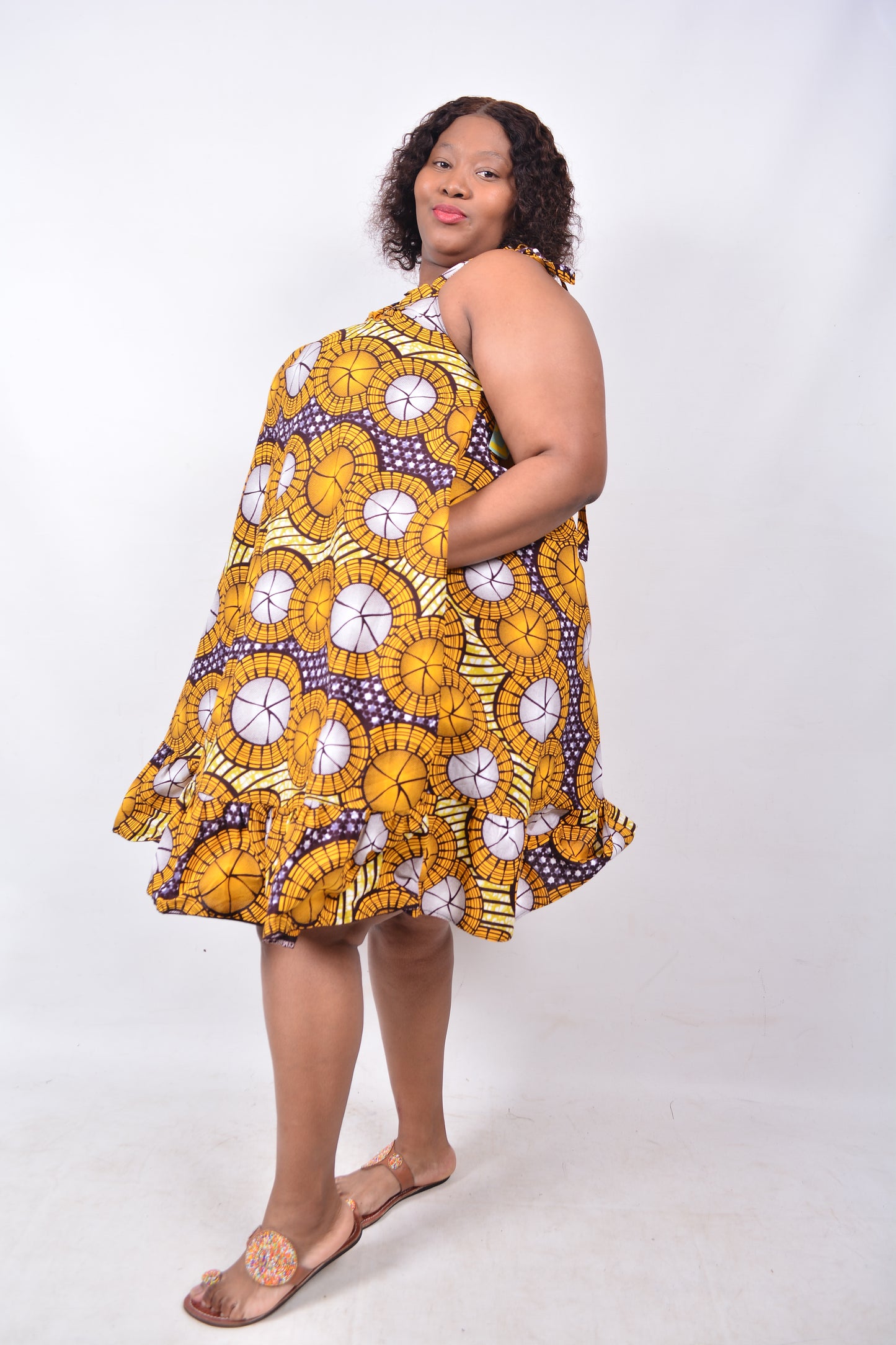 T8235 Traditional African Kente Fabric Yellow, Brown & White Dress