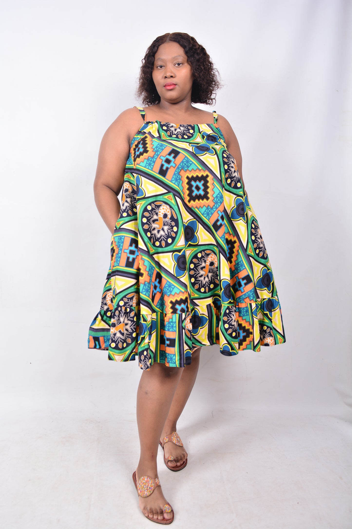 T8234 Traditional African Kente Fabric Yellow, Green, Blue, Orange, Navy & Black Dress
