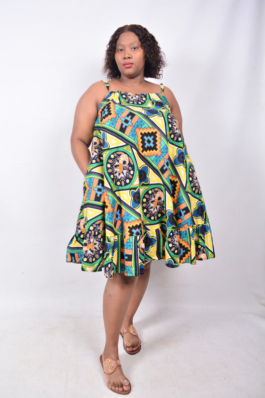 T8234 Traditional African Kente Fabric Yellow, Green, Blue, Orange, Navy & Black Dress