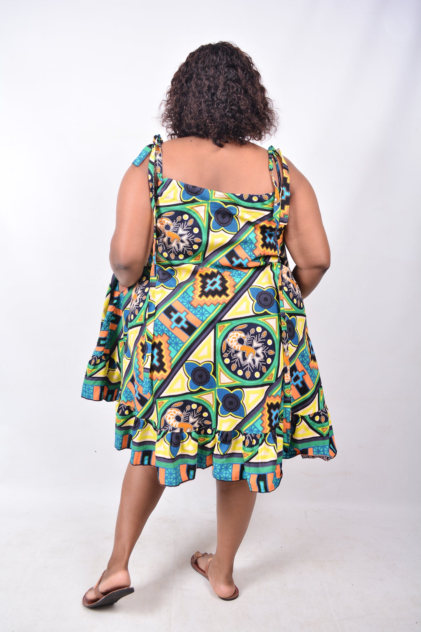 T8234 Traditional African Kente Fabric Yellow, Green, Blue, Orange, Navy & Black Dress