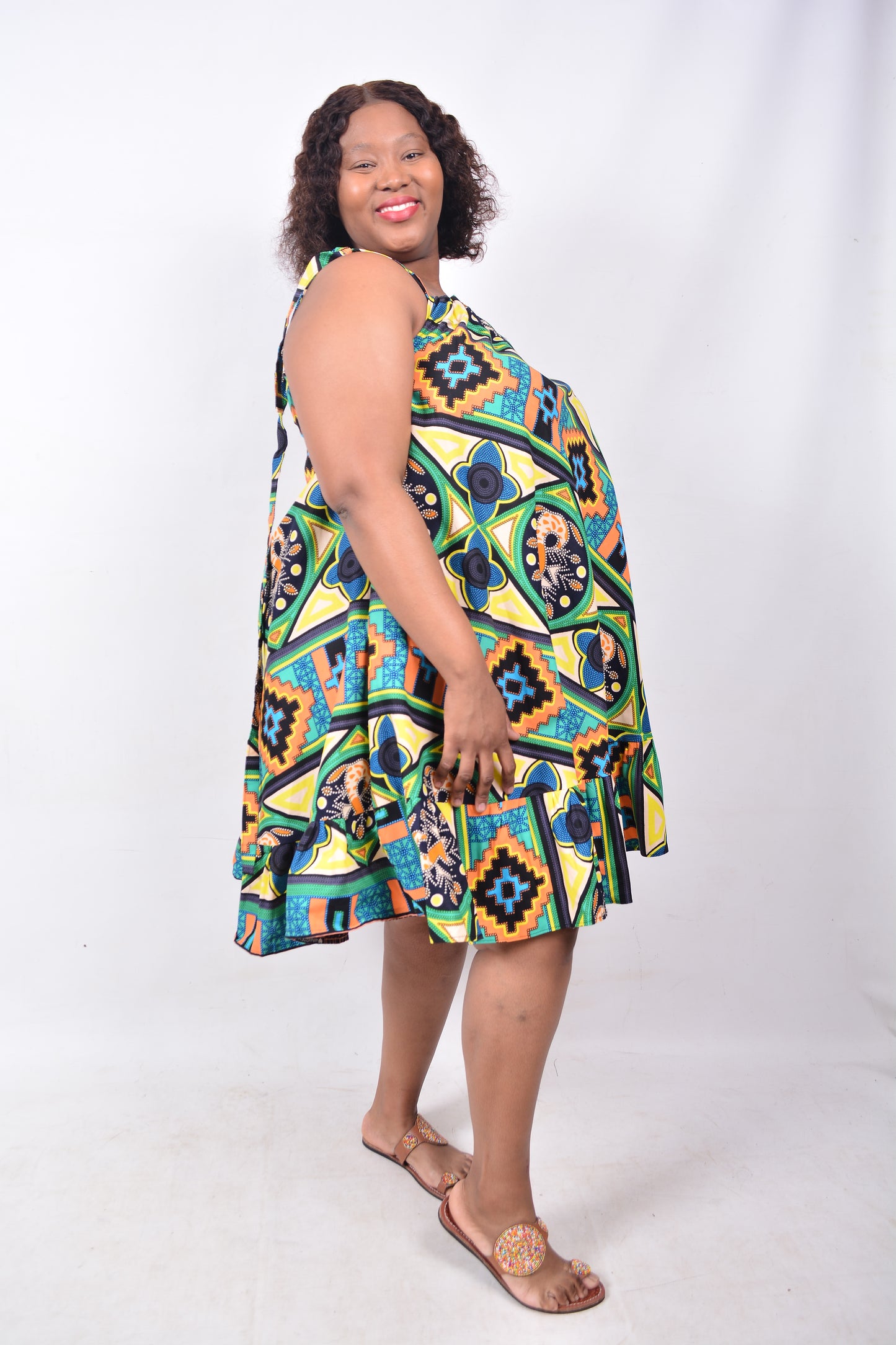 T8234 Traditional African Kente Fabric Yellow, Green, Blue, Orange, Navy & Black Dress