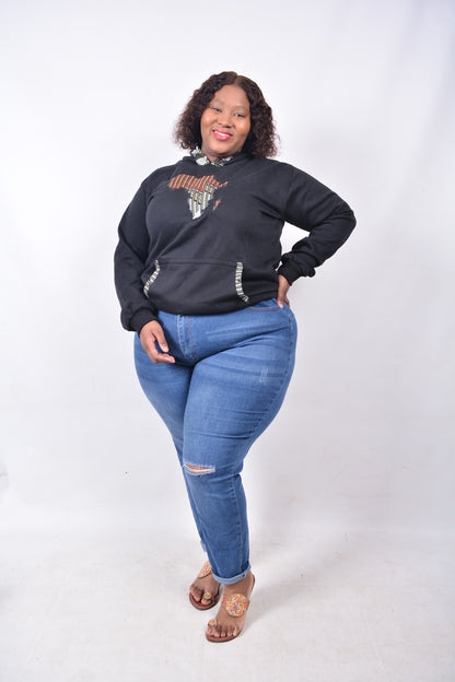 T8244 Traditional African Black Jacket with Black, Orange, Maroon, Blue & White Africa Map